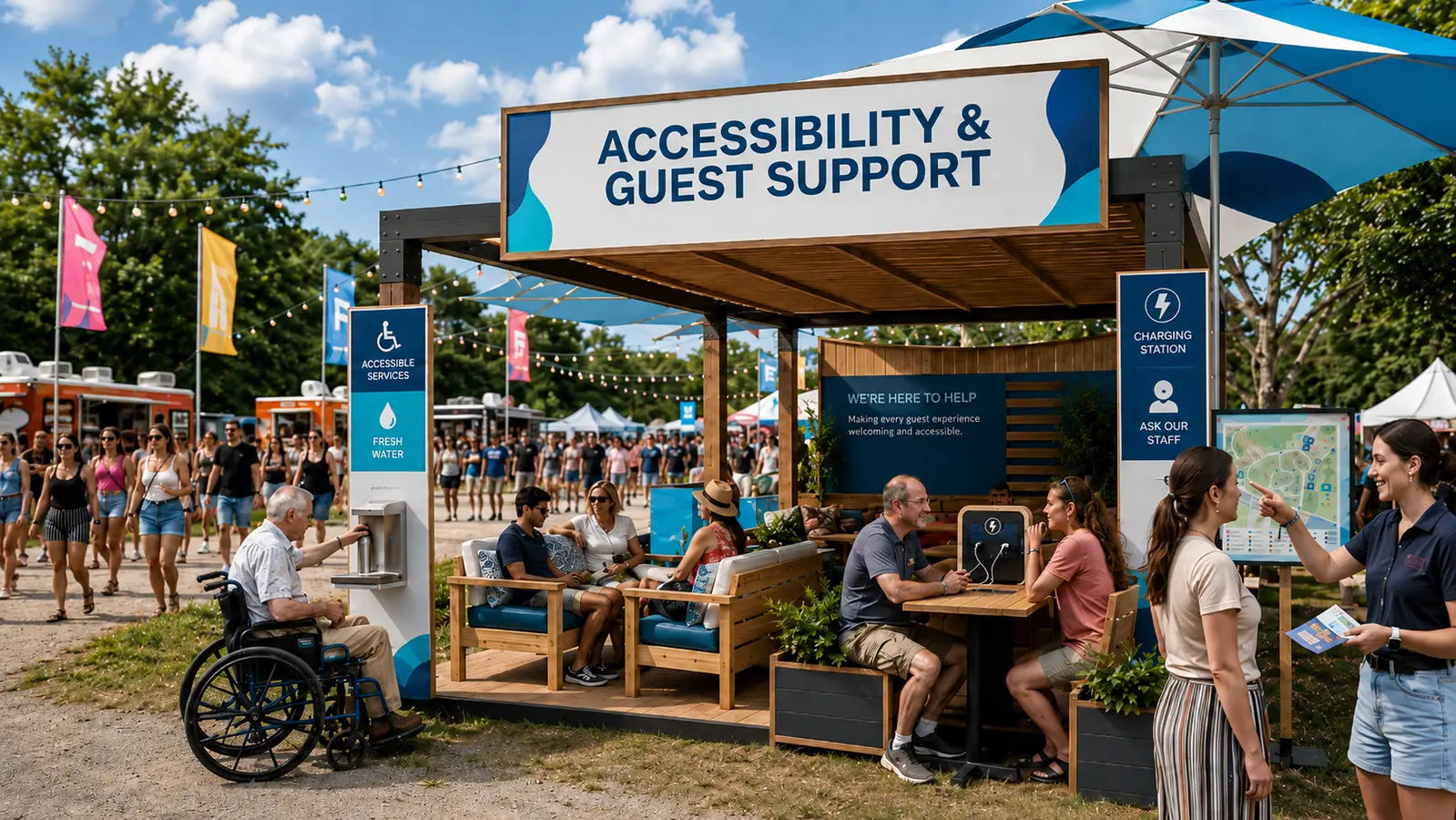 Concept visualization of an accessibility and guest-support hub at an outdoor festival