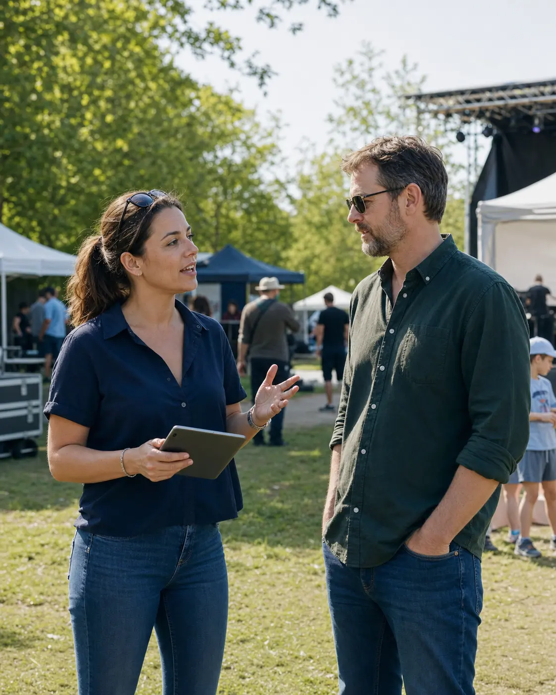 Two event professionals discussing plans at an outdoor festival