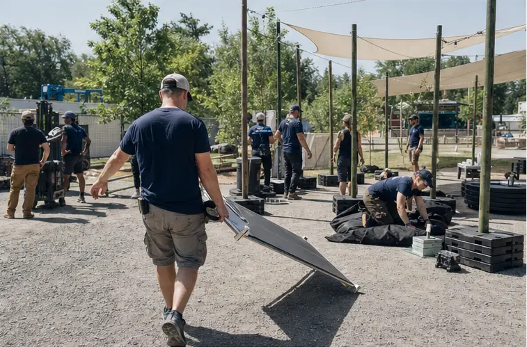 Concept visualization of an event crew preparing guest-support infrastructure